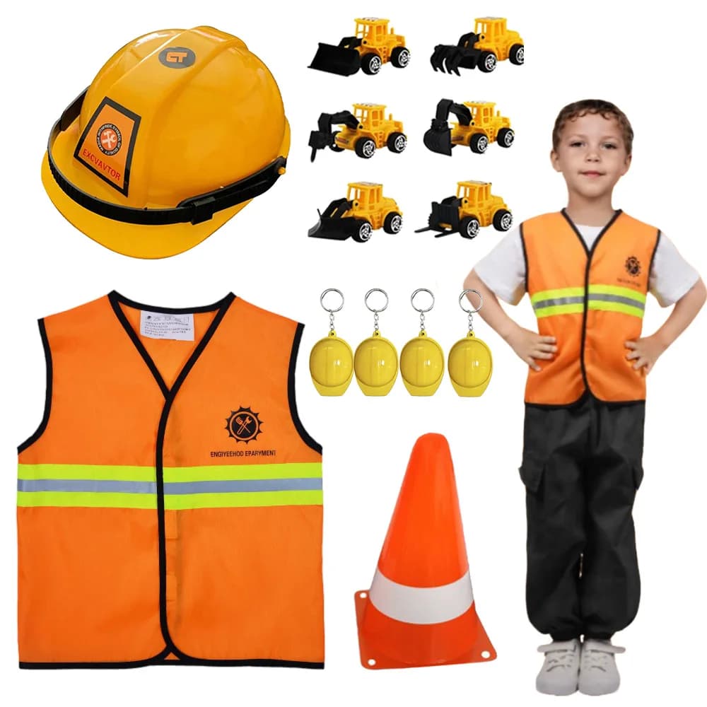 Costumes de travailleur du bâtiment, casque, gilet, accessoire de signalisation routière pour fête d'anniversaire sur le thème de l'ingénierie,