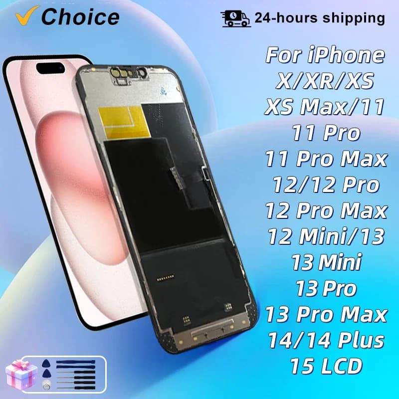 Numériseur d'affichage OLED, Choix pour iPhone 12 Pro Max, 13, 14 Plus, 15 Pro, X, XS, 11, 12, 13 Pro MAX, 12 Mini, 13 Mini LCD