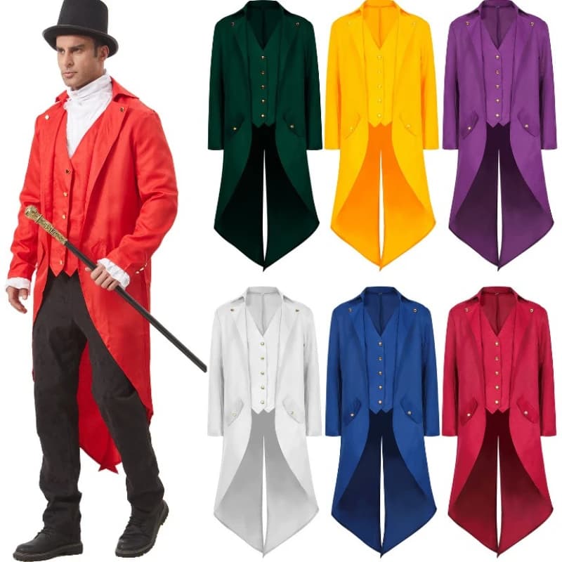 Tuxedo rétro médiéval rouge/violet pour hommes, veste de robe de spectacle de jeu de rôle multicolore de longueur moyenne pour Halloween, nouvelle