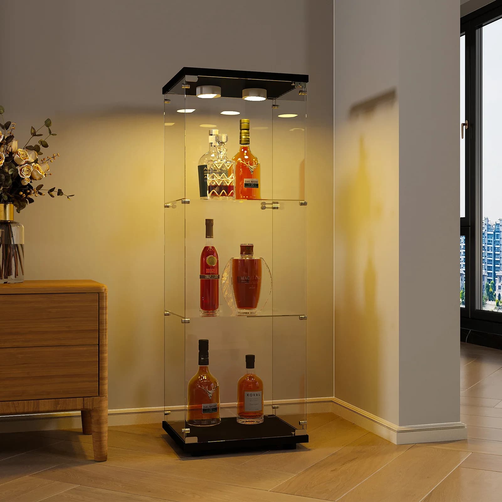 Vitrine transparente Comanlai, armoire à vin à une porte, en verre trempé, avec éclairage et serrure, pour salon, bureau