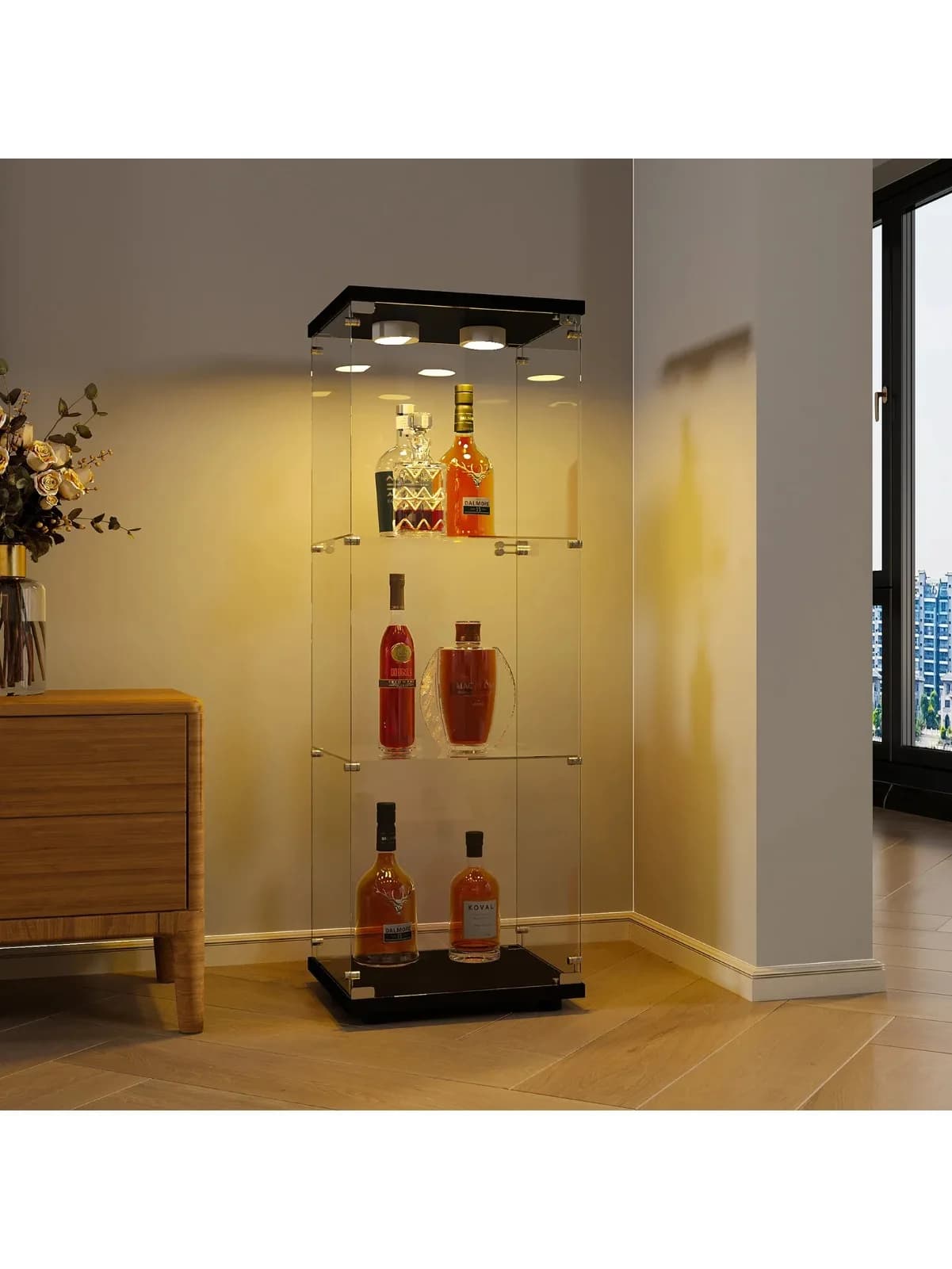 Vitrine transparente Comanlai, armoire à vin à une porte, en verre trempé, avec éclairage et serrure, pour salon, bureau