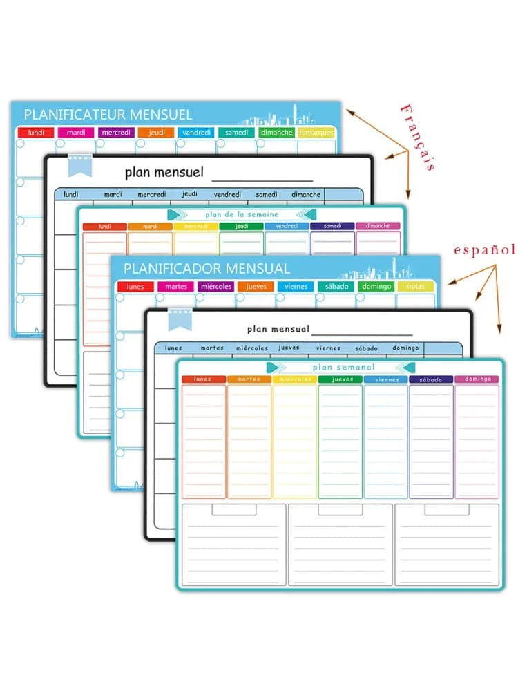 Planificateur hebdomadaire et mensuel magnétique format A3, calendrier effaçable à sec, autocollant pour réfrigérateur, espagnol, français,