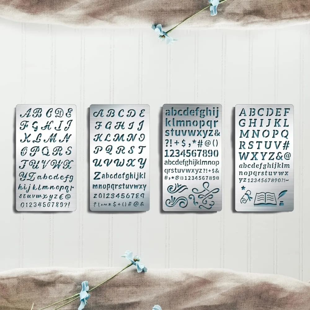 Pochoirs métalliques avec chiffres de l'alphabet, 4 pièces, 4x7 pouces, modèle de pochoir en acier de 4 styles pour dessins de sculpture sur bois