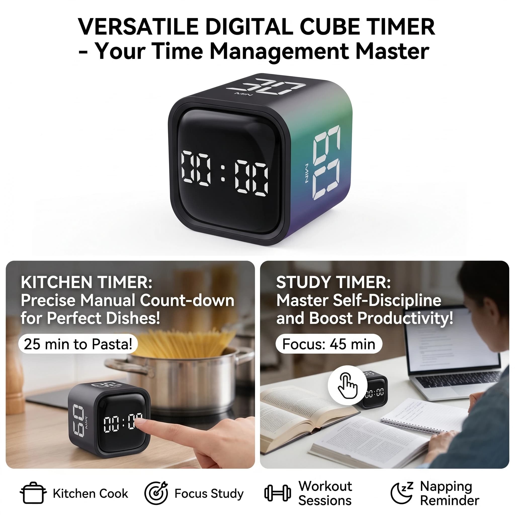 Minuterie Cube de productivité, capteur de gravité, affichage LED rabattable, 4 temps prédéfinis, double Modes, compte à rebours, étude de