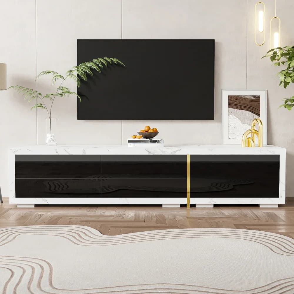 Meuble TV rotatif PINGGO réglable de 140 à 260 cm avec finition marbre blanc, noir brillant et garniture dorée