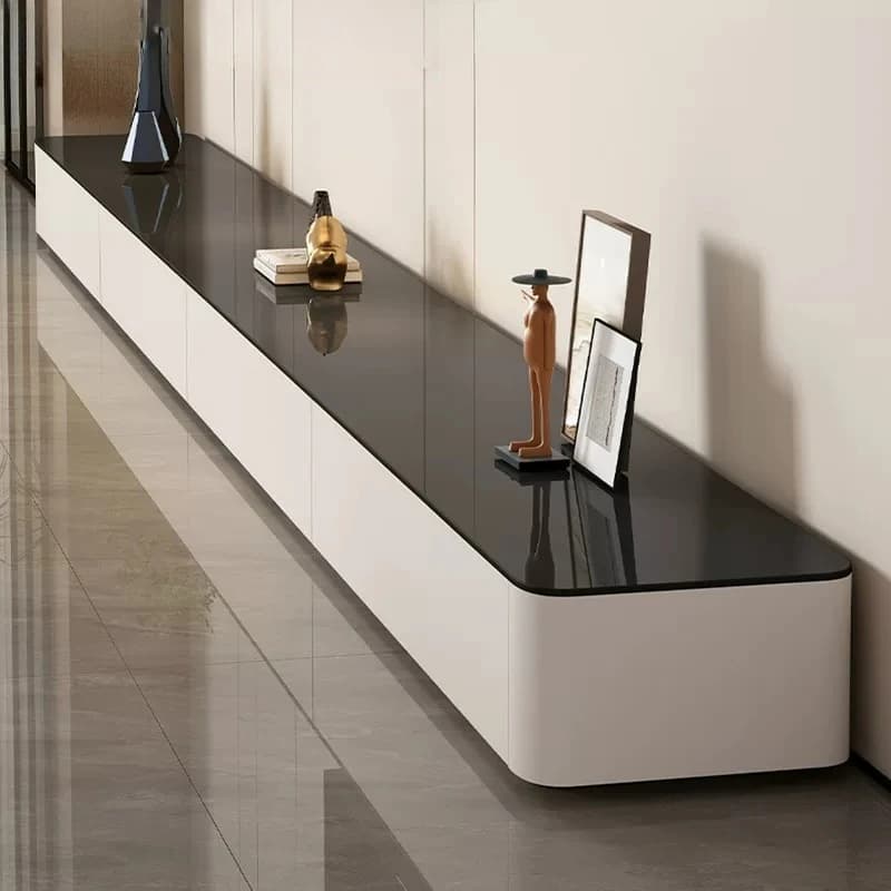 Meuble TV moderne noir et blanc avec plateau en pierre brillant, console basse minimaliste pour salon, meuble de maison pour petit appartement