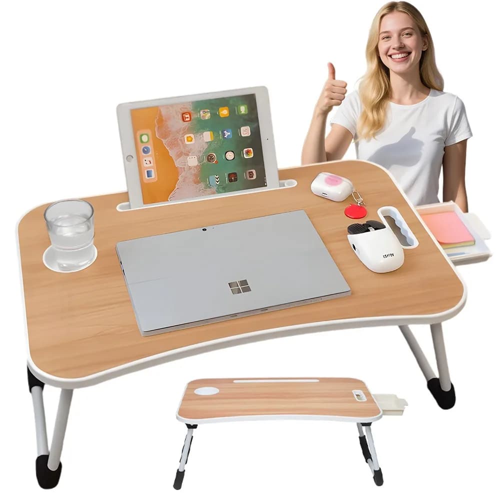 Table de lit pliable en bois naturel, bureau portable multifonctionnel pour ordinateur portable, idéal pour la lecture, le travail et le