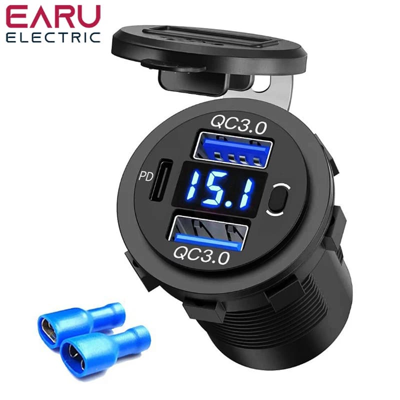 Chargeur USB 60W PD QC 3.0, voltmètre numérique, adaptateur de prise de courant, accessoires de voiture étanches 12V 24V, voiture camion moto