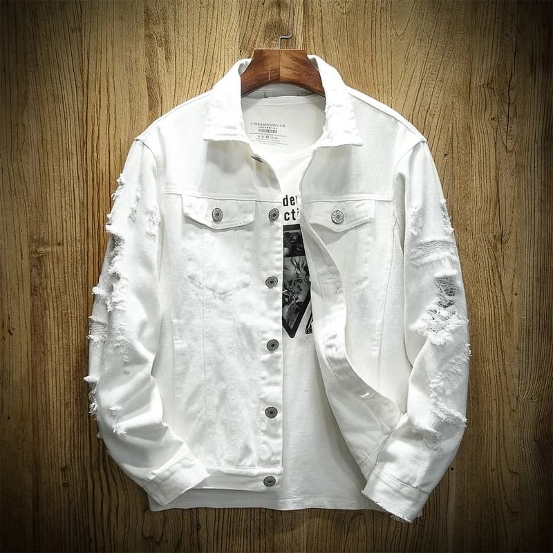 Automne nouveaux hommes Jean veste coupe ajustée coton Denim veste rouge blanc noir déchiré trou Jean manteaux hommes vêtements d'extérieur
