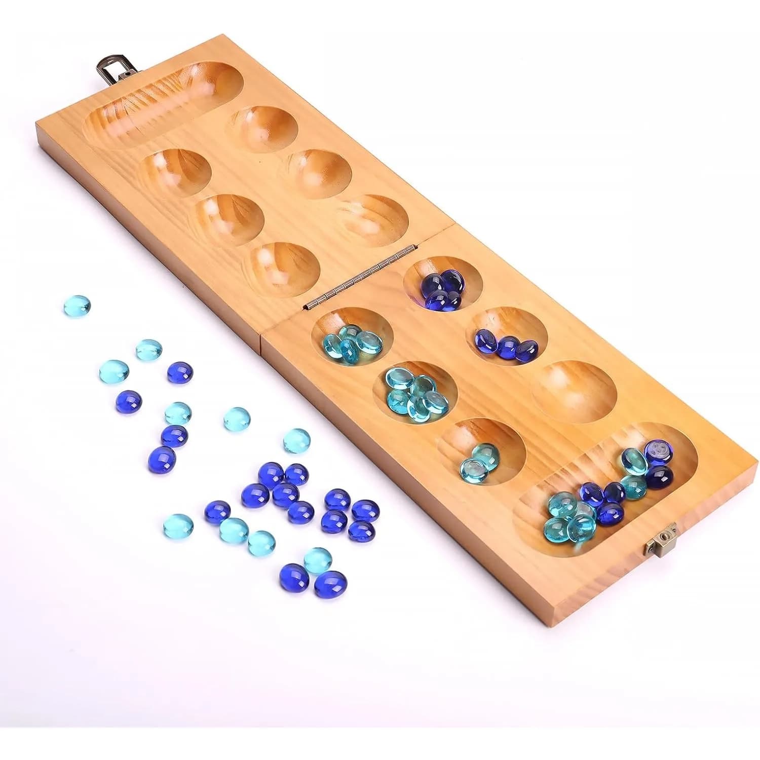 Ensemble de jeu de société Mancala en bois – Plateau de jeu pliant avec pierres de verre bicolores – Jeu de stratégie Oware classique, voyage