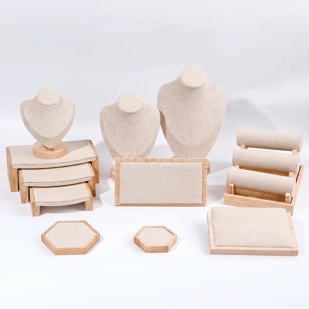 Présentoir à bijoux en bois et lin, ensemble de présentoirs pour colliers, bustes, bracelets, bagues, boucles d'oreilles, plateau organisateur de