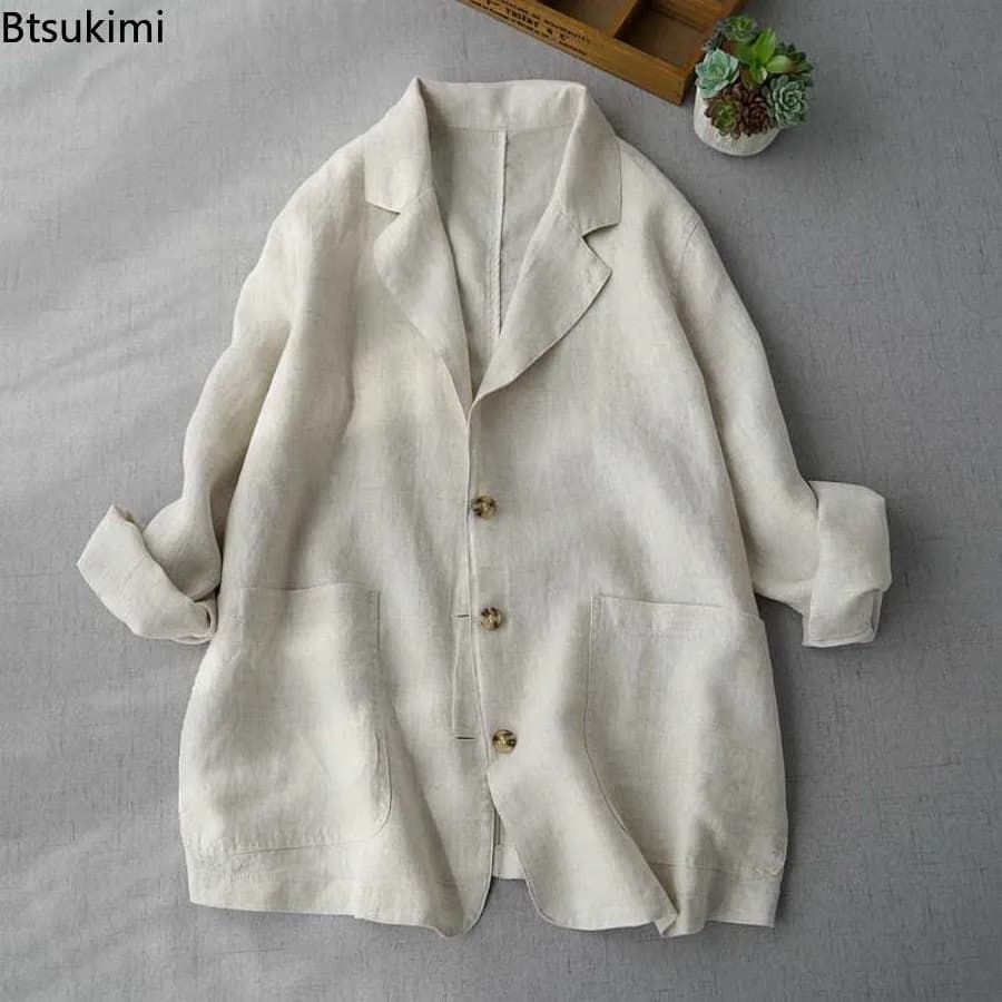 Vestes de costume en lin printemps-été, nouvelles vestes décontractées pour femmes, simples, à manches longues, à simple boutonnage,