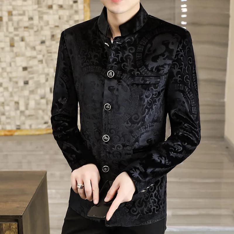 Veste de costume de luxe en velours à col montant pour hommes, blazer de Style chinois, coupe cintrée, décontracté, Business, automne hiver