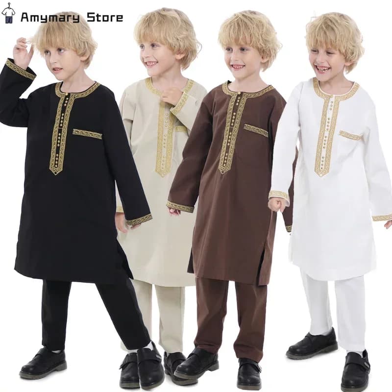 Robe musulmane pour enfants, ensemble 2 pièces, col rond, manches longues, chemise imprimée, Abaya, caftan, Jubba Thobe, vêtements islamiques
