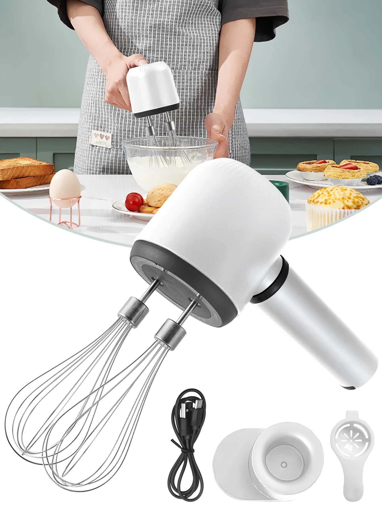 Mélangeur à main électrique Rechargeable USB, fouet à main Portable sans fil, Rechargeable à 3 vitesses et 2 fouets pour la cuisson de la crème