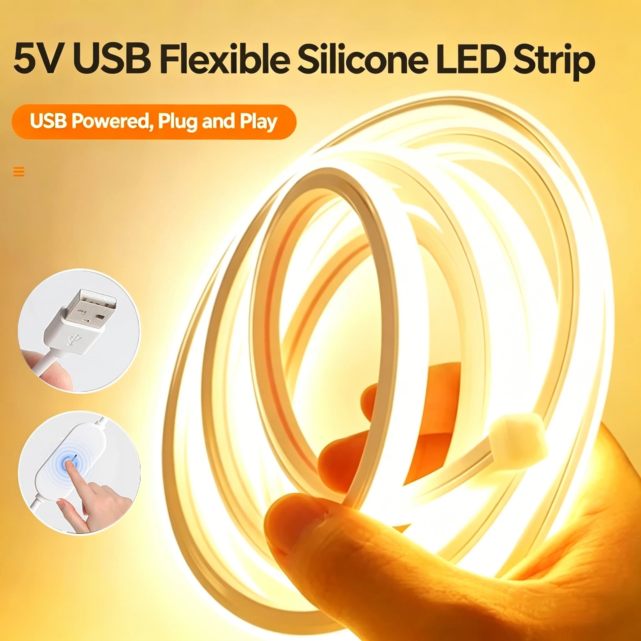Bande lumineuse néon LED USB 5V, étanche, avec interrupteur tactile élastique en Silicone, réglable pour l'extérieur et la décoration de la