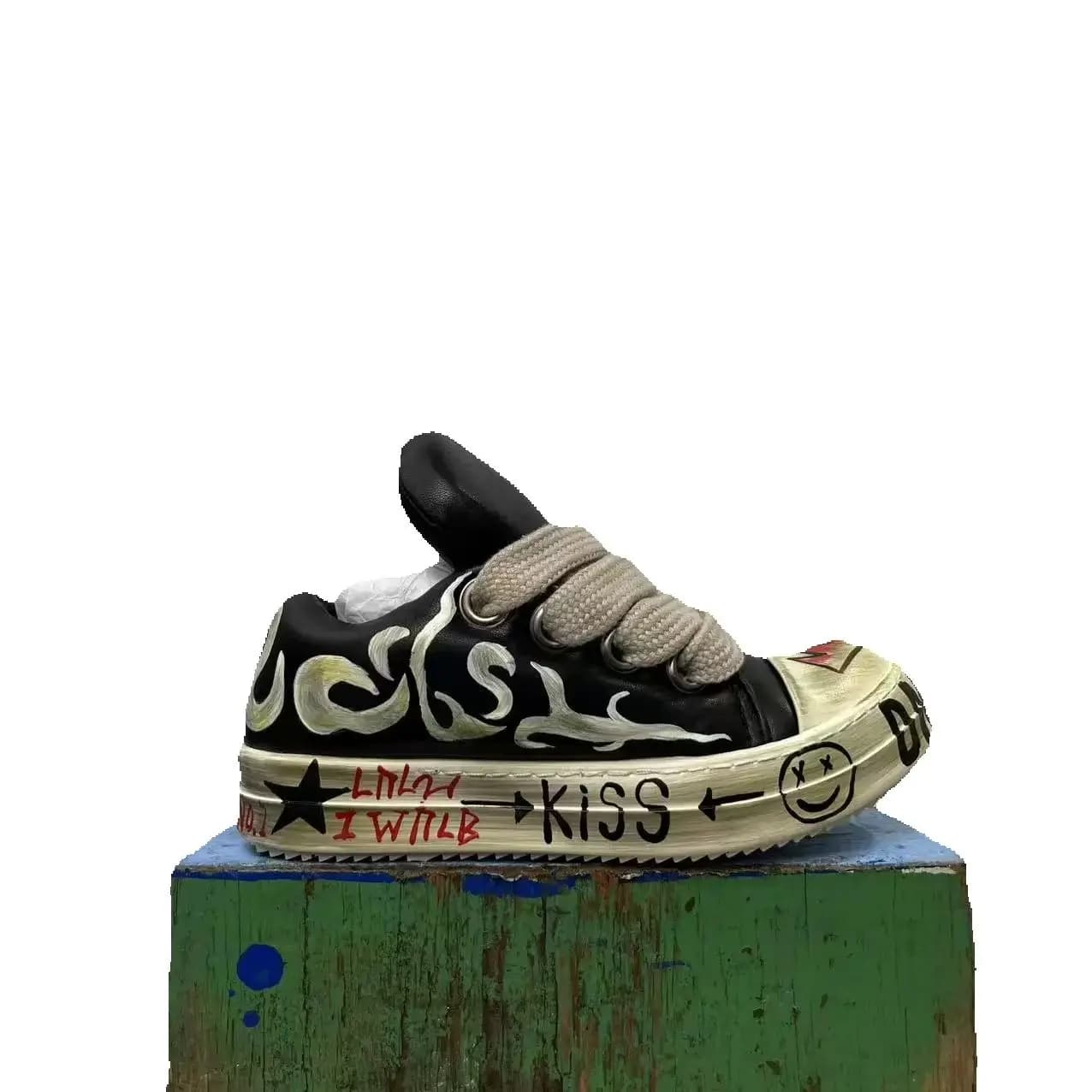 Remark Designer Original personnalisé à la main en cuir véritable main Graffiti Mage dentelle Little Chubby formateur bottes décontractées