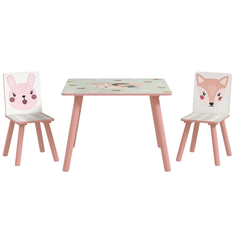 Ensemble de sièges pour enfants en bois de pin, table avec 2 chaises, motif animal, chambre à coucher, 3-8 ans, rose
