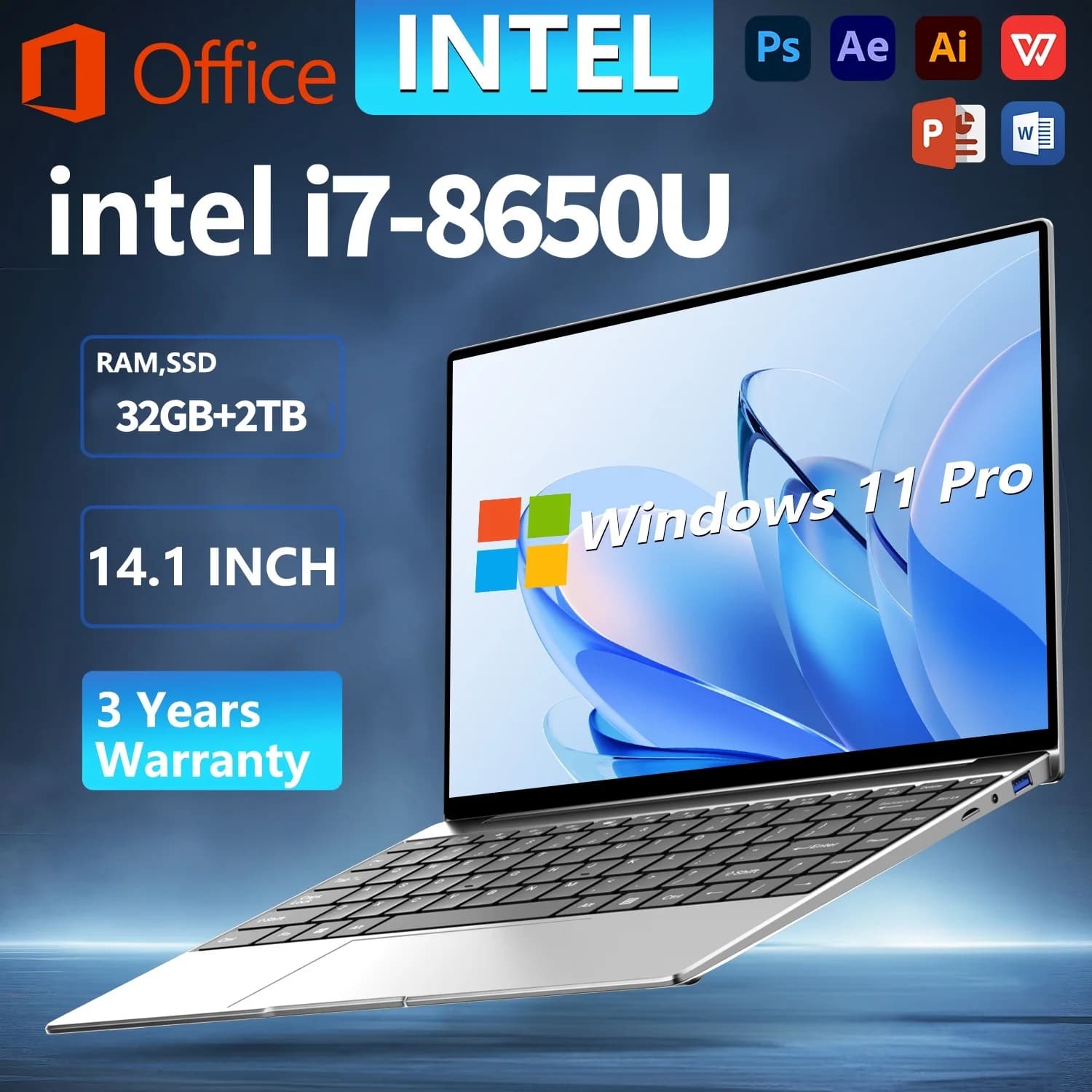 Ordinateur Portable ultra-mince processeur Intel Core i7-8650U 32GB RAM 1 to 2 to SSD 14.1 pouces bureau étude Gamer Windows 11 ordinateur Portable