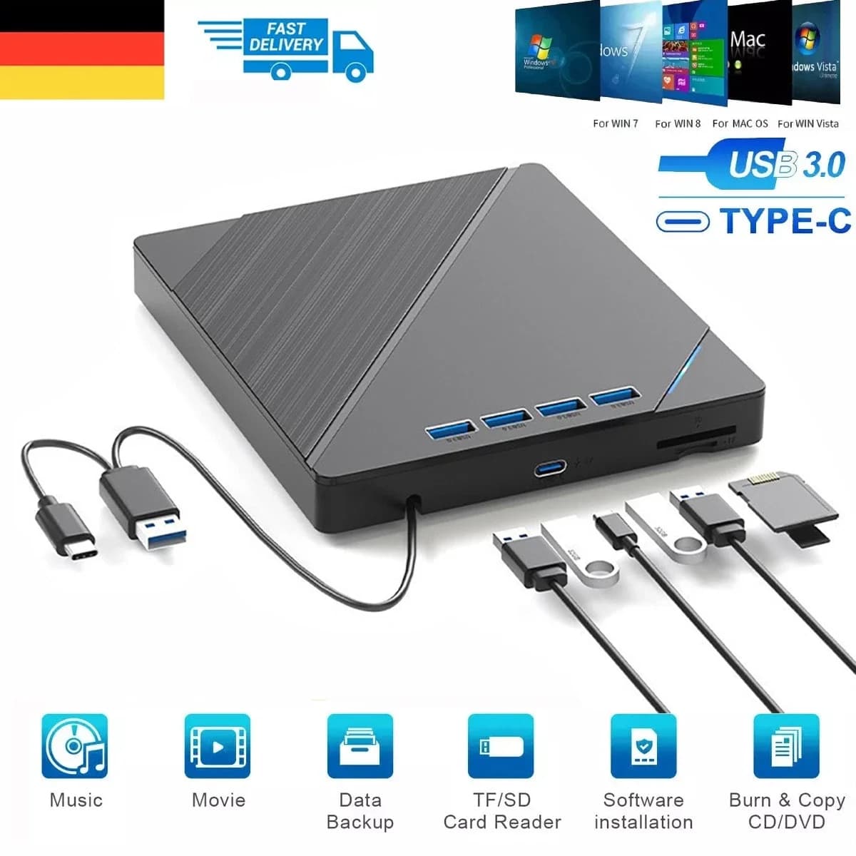 7-en-1 USB 3.0 Type C TF externe CD DVD RW lecteurs optiques graveur DVD enregistreur lecteur Type de plateau pour PC portable ordinateur portable