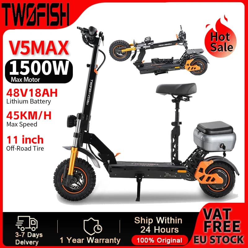 TWOFISH V5 MAX Scooter électrique pliant pic 1500W moteur puissant, 45 km/h, 11 "gros pneu adulte E Scooters avec boîte de rangement et siège