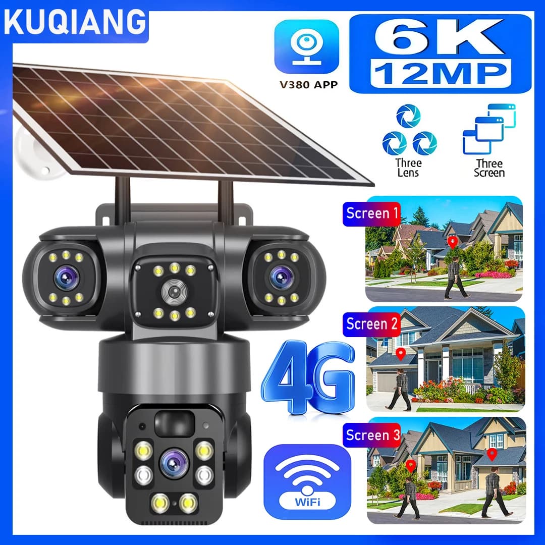 12MP 6K 3 lentilles 3 écran 4G caméra solaire extérieure sans fil WiFi caméras IP PIR suivi automatique sécurité solaire CCTV caméra de