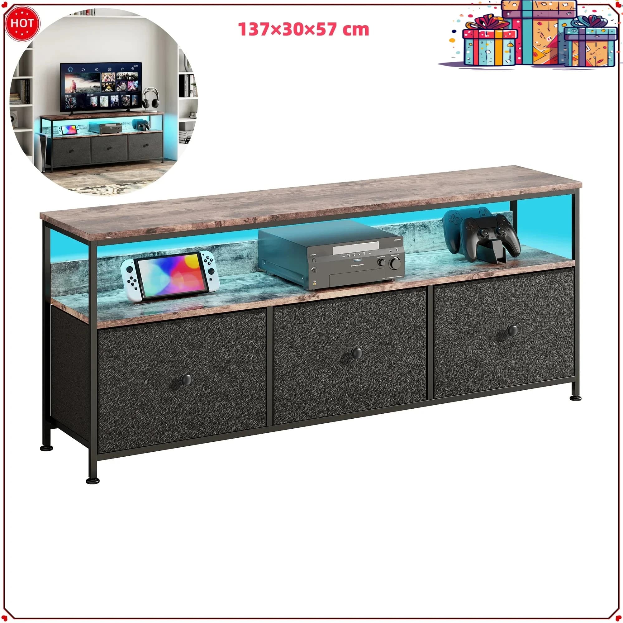 Table TV Comanlai, meuble TV, meuble TV à LED avec changement de couleur, avec 3 tiroirs, avec espace de rangement ouvert pour salon, chambre à