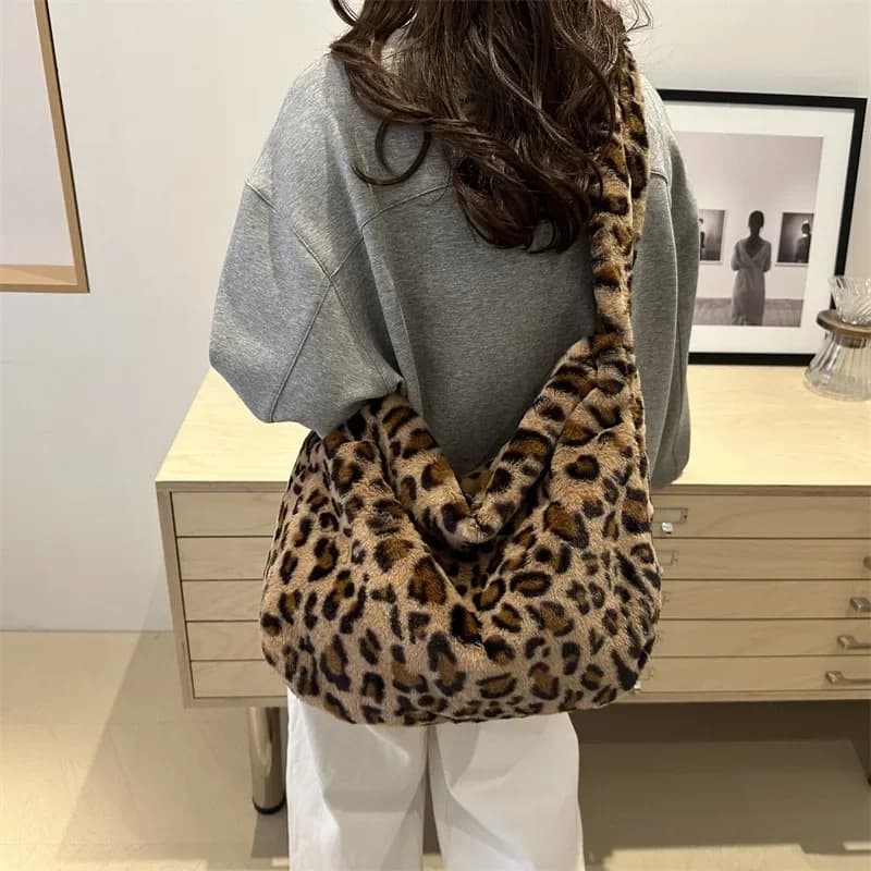 Sac rétro imprimé léopard pour femmes, sacs à bandoulière en peluche douce, sac de voyage de grande capacité, fourre-tout chaud et moelleux pour