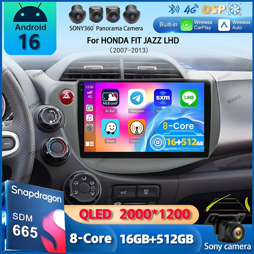 Autoradio Android 16 Carplay 10 pouces pour HONDA FIT JAZZ 2007-2013, lecteur vidéo multimédia, navigation GPS, 4G+WIFI, unité principale 2 Din