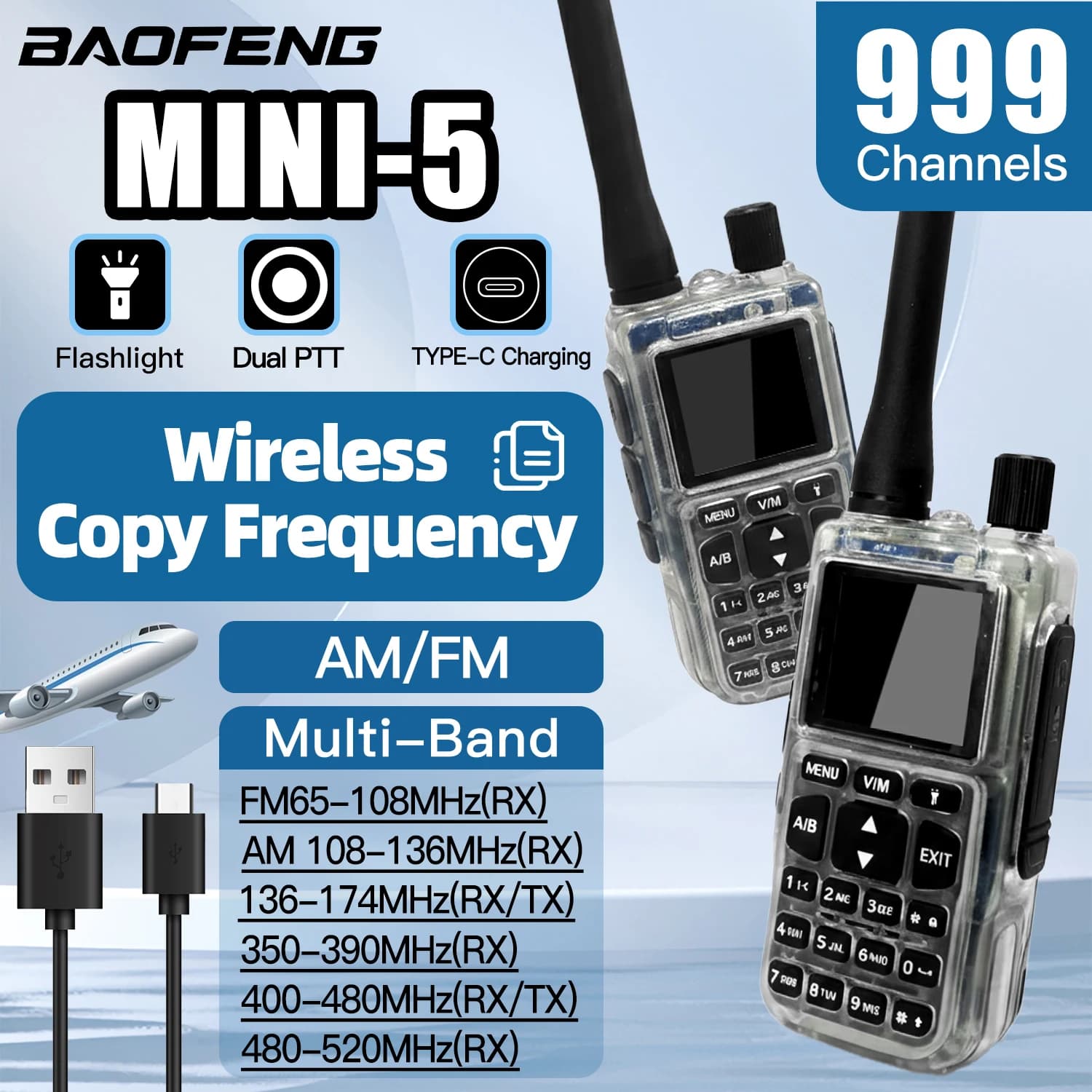 1/2PCS Baofeng MINI-5 Talkie-walkie double bande PTT 5RMINI VOX FM Radio amateur Type-C Chargeur Transmetteur-récepteur portable Bidirectionnel