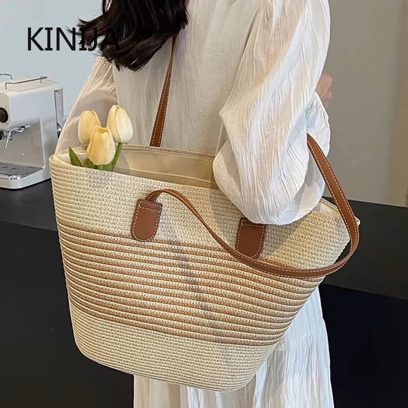 Sac fourre-tout à rayures d'été, sac en paille pour femmes, nouvelle plage, bord de mer, voyage en plein air, vacances, sac à bandoulière de