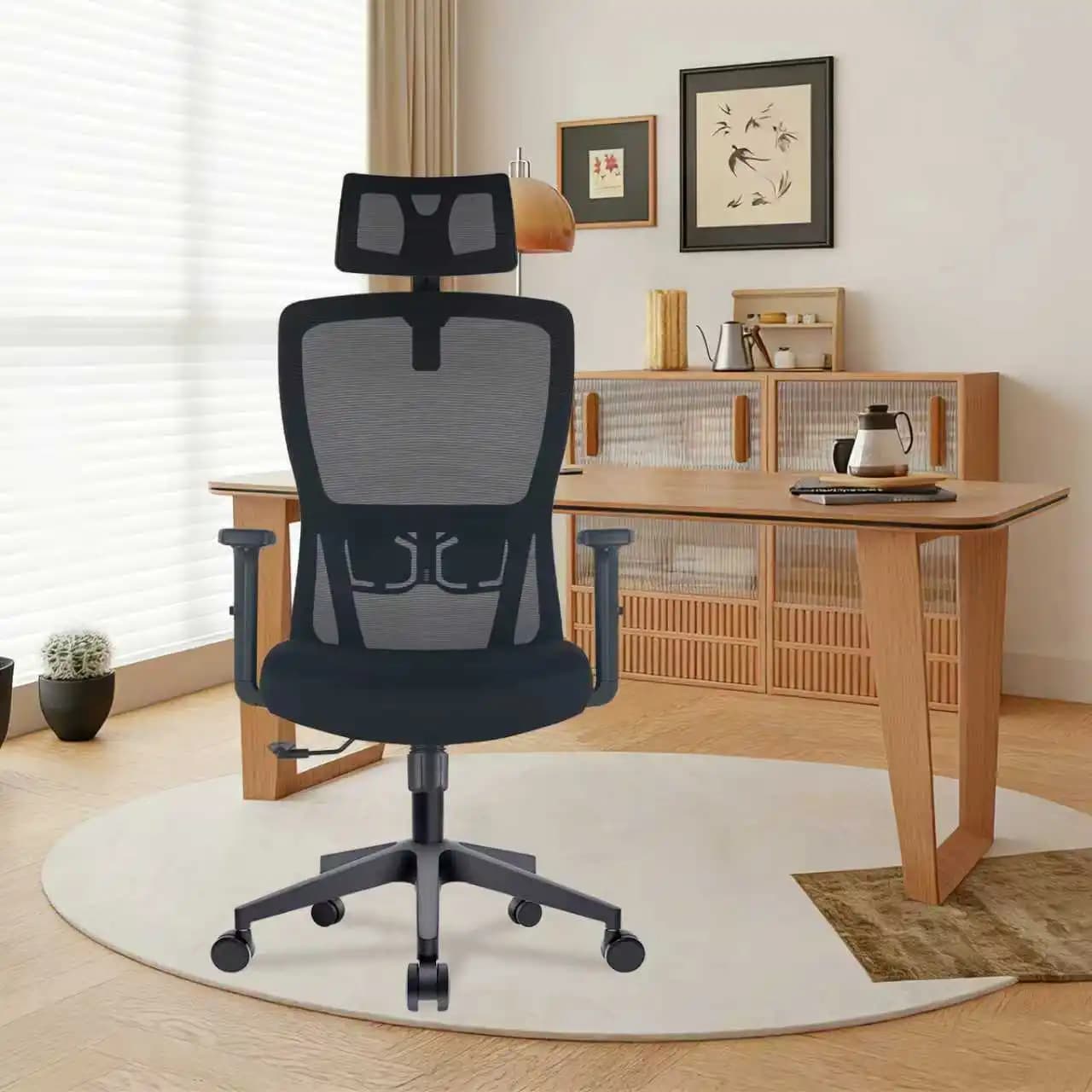 Chaise de bureau ergonomique Durrafy, chaise de bureau avec appui-tête réglable, accoudoirs et support lombaire, chaises pivotantes en maille, noir