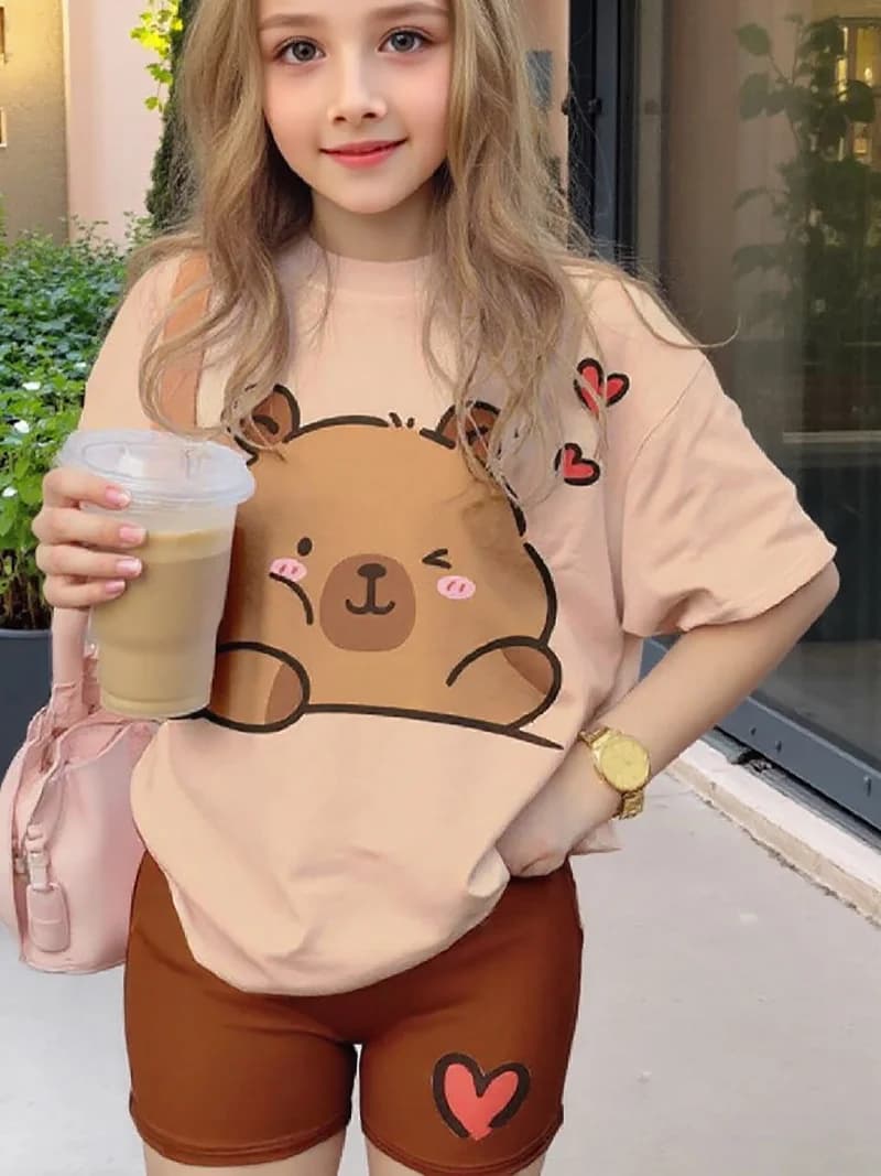 Nouvel ensemble d'été 2026 pour filles : T-shirt respirant à manches courtes style « Capybara Dopamine » et short moulant en forme de cœur –