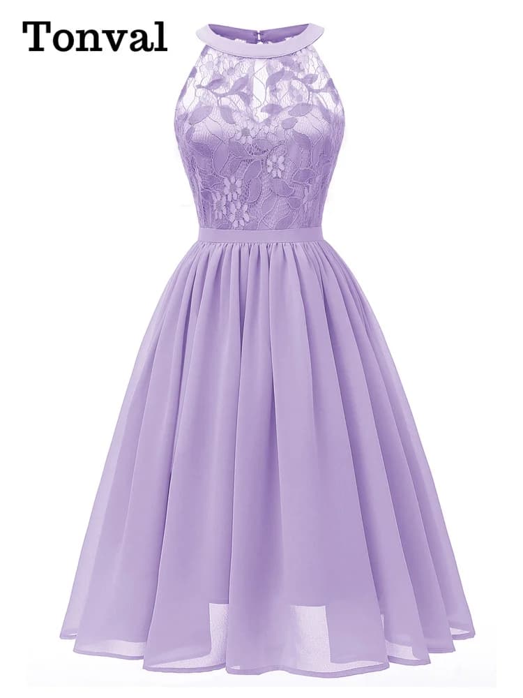 Tonval dentelle et mousseline de soie plissée été élégant femmes robes mi-longues sans manches 2026 Vintage taille haute ajustement et robe de