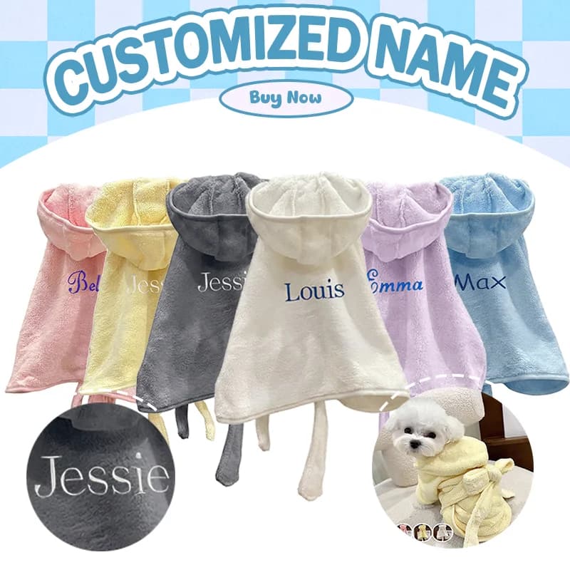 Peignoir pour animaux de compagnie personnalisé avec nom brodé, à capuche, séchage rapide, super absorbant, en microfibre, serviette de bain pour