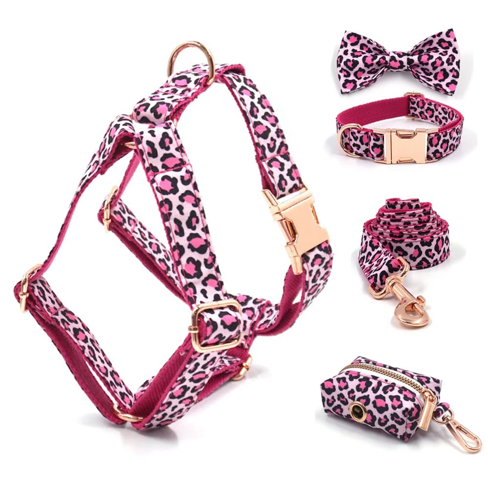 Harnais pour chien léopard rose pour chiens filles, nom personnalisé gravé, collier pour animaux de compagnie avec boucles métalliques de