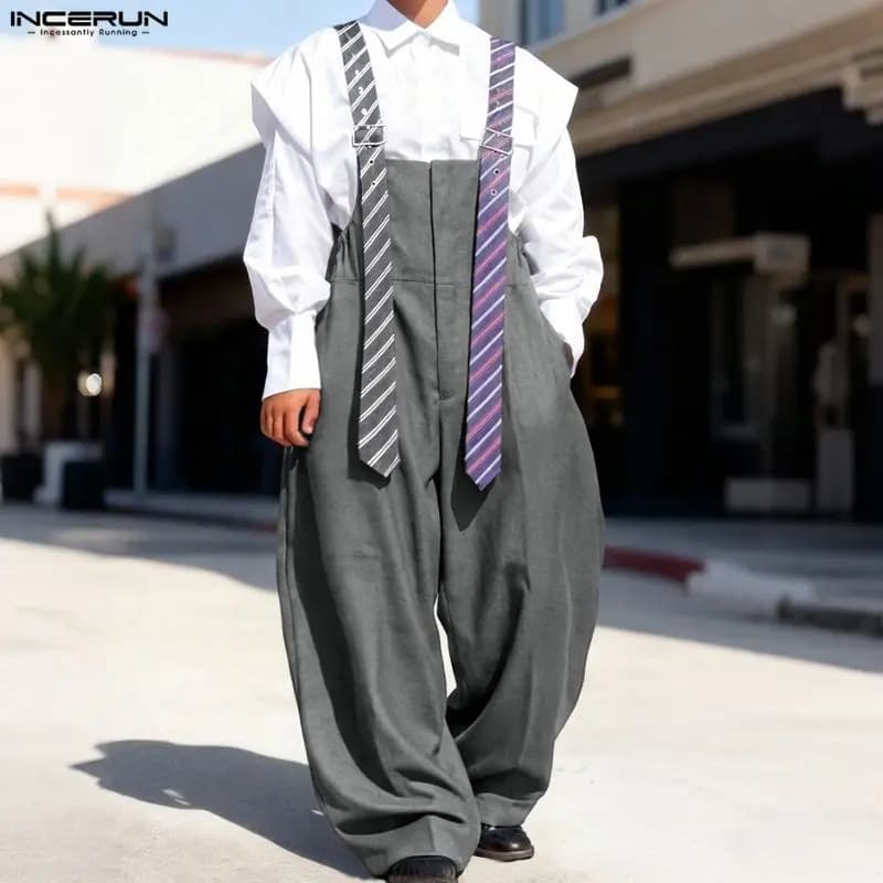 INCERUN Combinaisons pour hommes rayées patchwork sans manches décontractées à bretelles, style streetwear ample, pantalons salopettes à jambes
