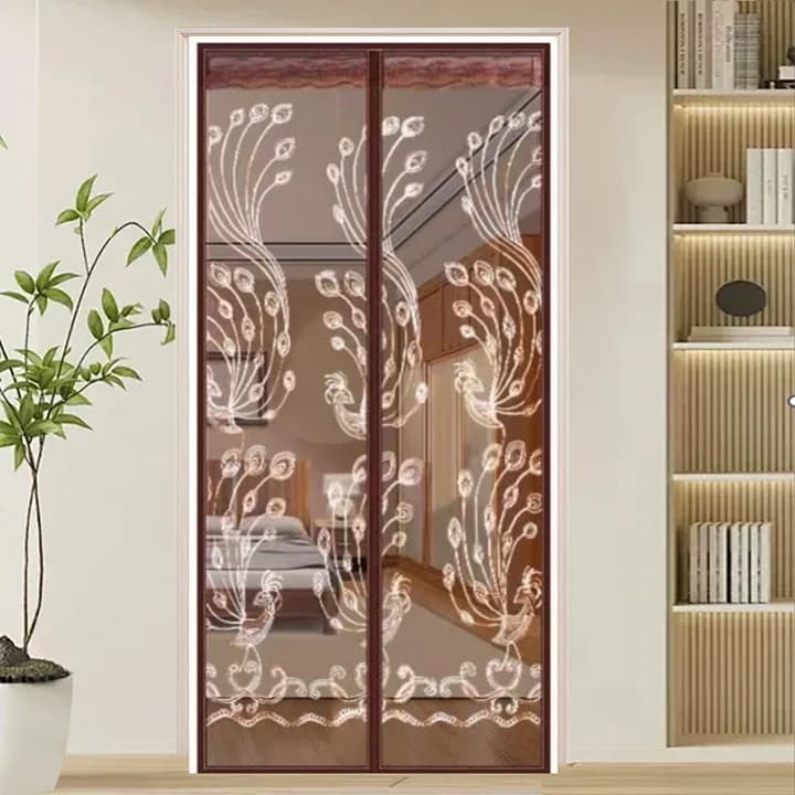 Moustiquaire magnétique sans perçage pour porte, marron café, avec broderie queue de paon, en maille respirante pour l'été