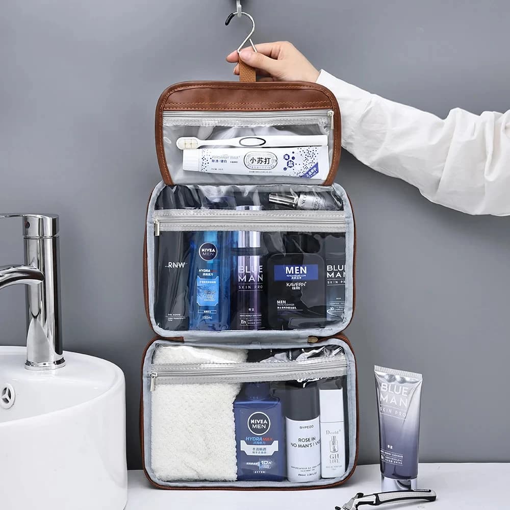 Sac de rangement Portable en cuir PU pour hommes et femmes, sac de rangement d'affaires à fermeture éclair, organisateur de produits de toilette,