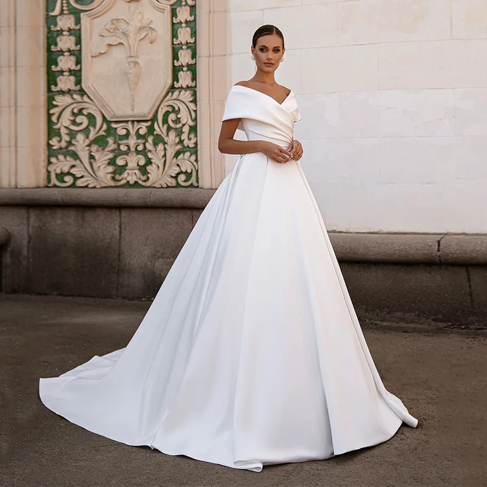 Jiayigong-Magnifique robe de Rhen satin, robes de mariée personnalisées, col en V, simple, balayage, train, corset, patients