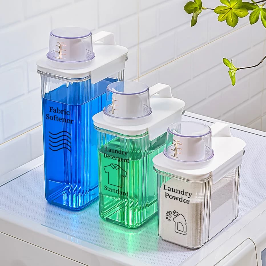 Distributeur de liquide à lessive transparent et hermétique, adoucisseur de poudre de détergent, réservoir de distribution avec tasse à mesurer,