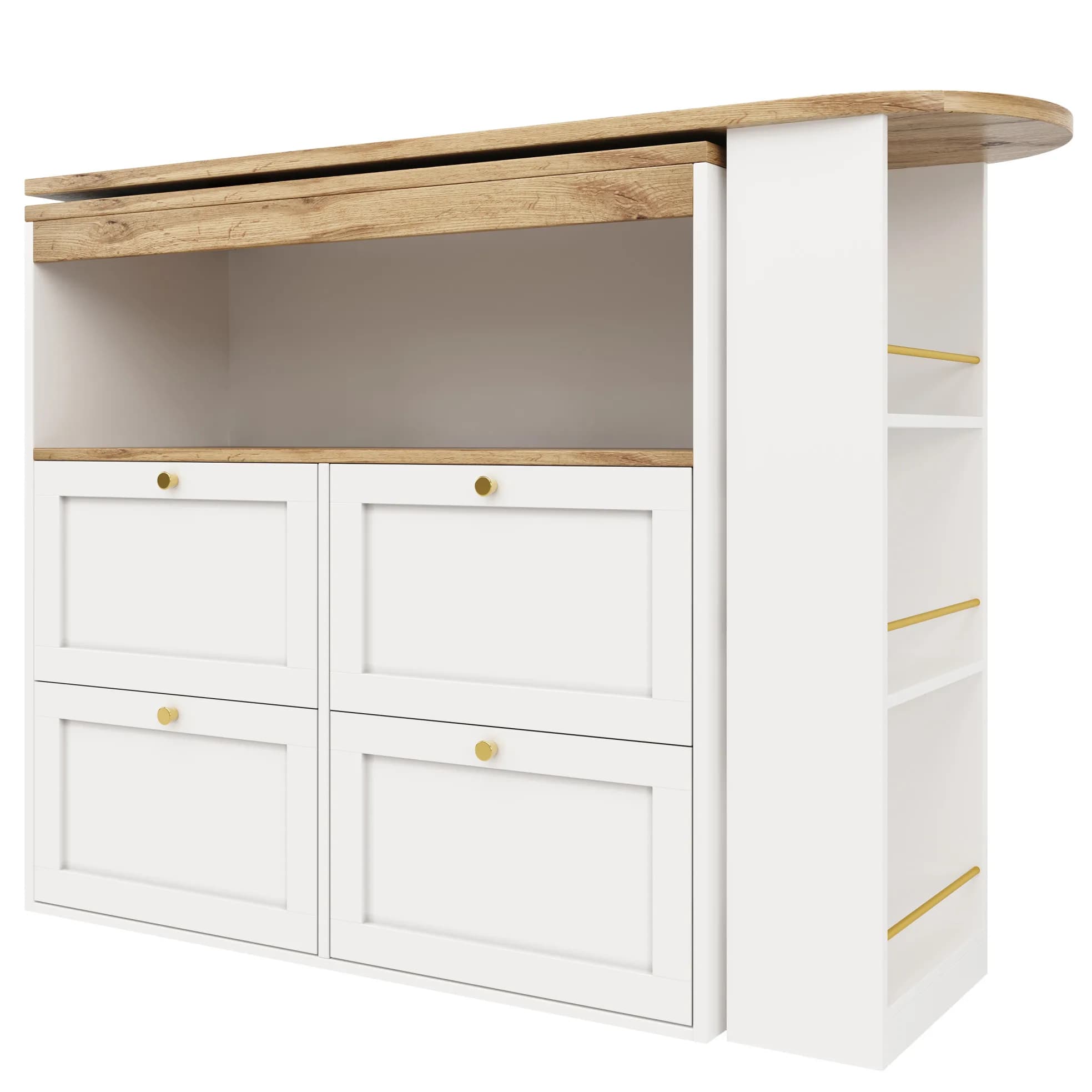 Îlot de cuisine modulaire blanc avec rotation à 360° °   Étagères latérales pivotantes, 4 tiroirs, MDF, 105x39x102 cm