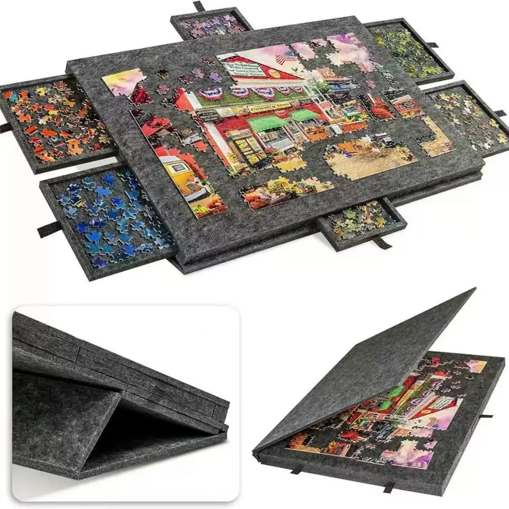 1 ensemble de table de rangement pour puzzles, gain de place, avec plateau organisateur à 6 tiroirs et dessus en feutre, pliable et portable pour