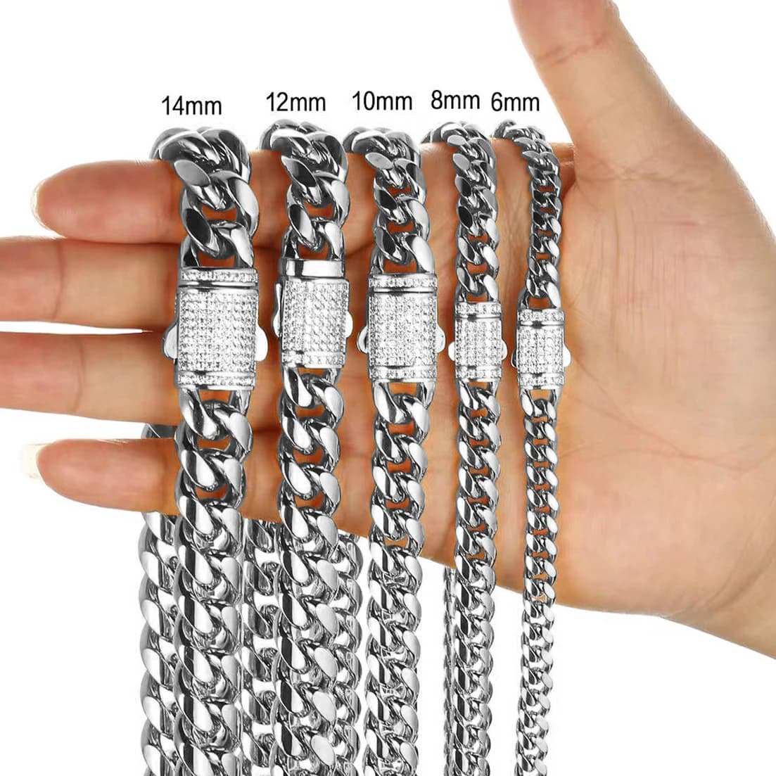 Collier ou Bracelet en acier inoxydable 316L pour homme et femme, chaîne cubaine avec serrure en cristal, de 6mm à 18mm, de 7 à 40 pouces, toute