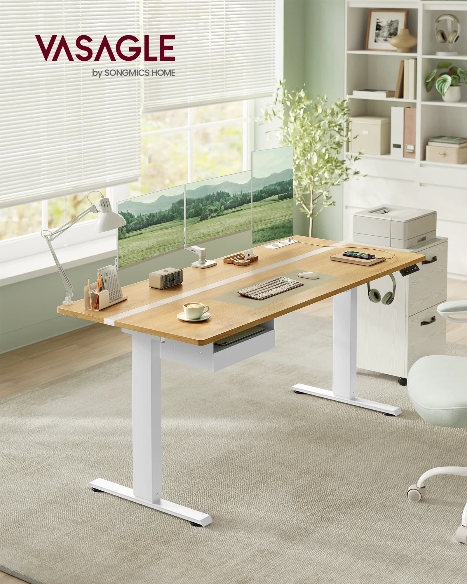 VASAGLE Bureau Électrique Réglable en Hauteur, Bureau Assis-debout, Multiprise, Tiroir, 70 x 160 cm, Réglable en Continu, Fonction Mémoire de 4