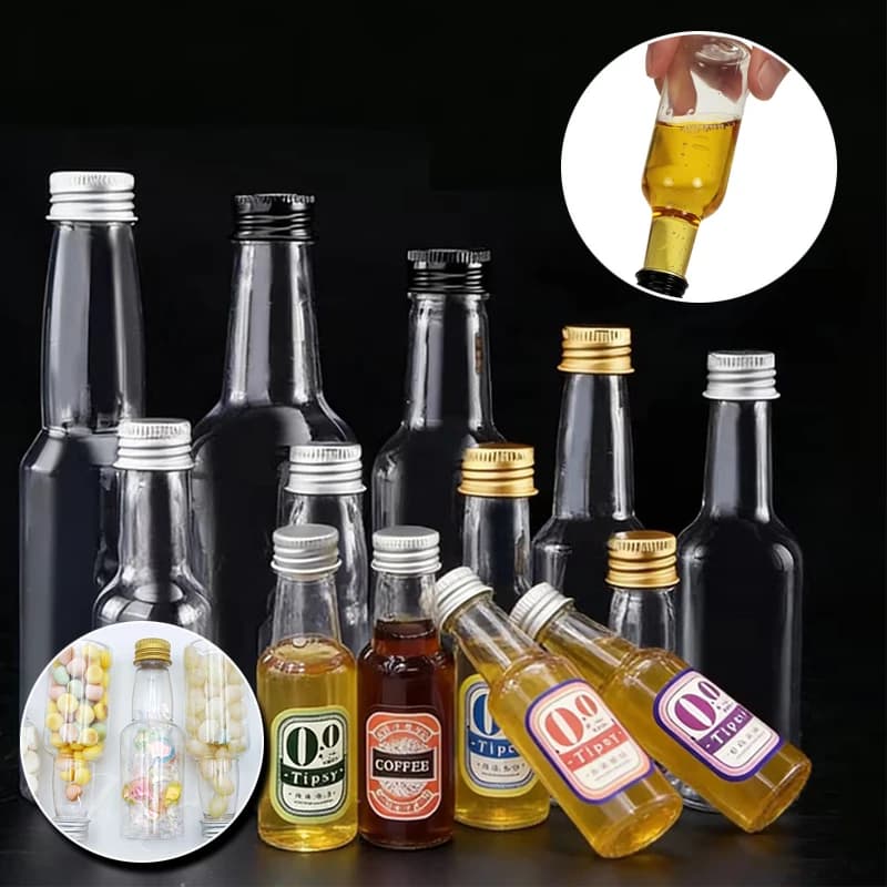 20/50/100PCS Bouteilles miniatures en plastique vides et portables de 30-150ML pour liqueur, jus, spiritueux, avec bouchon, pour fêtes, contenants à