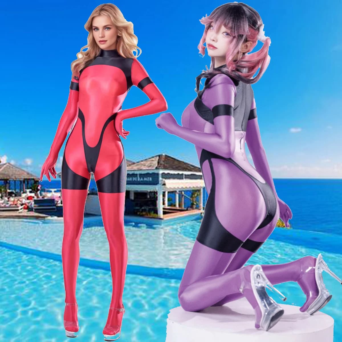 Femmes brillant Spanex lisse élastique à manches longues dos fermeture éclair Patchwork plongée maillots de surf combinaison body Catsuit