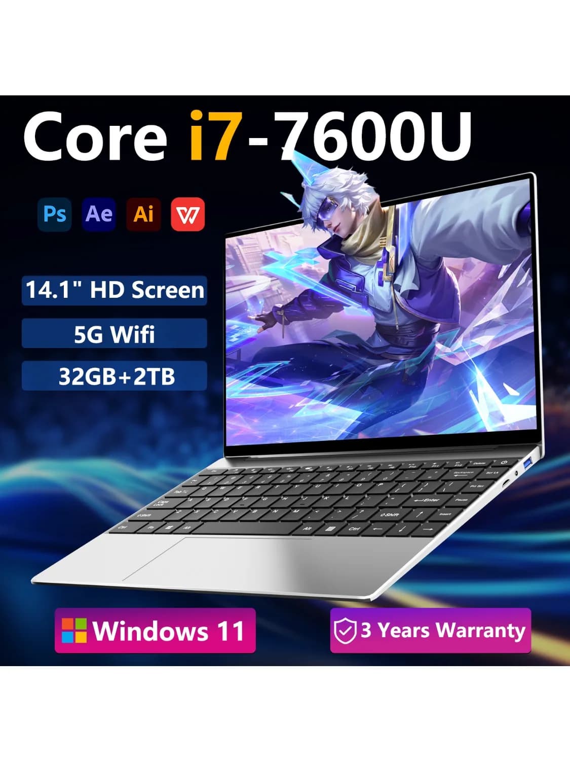 Intel Core I7 ordinateur portable 14.1 "2K Ultra mince ordinateur portable WiFi 6 32GB RAM 1 to 2 to SSD bureau étude Gamer ordinateur PC Windows 11
