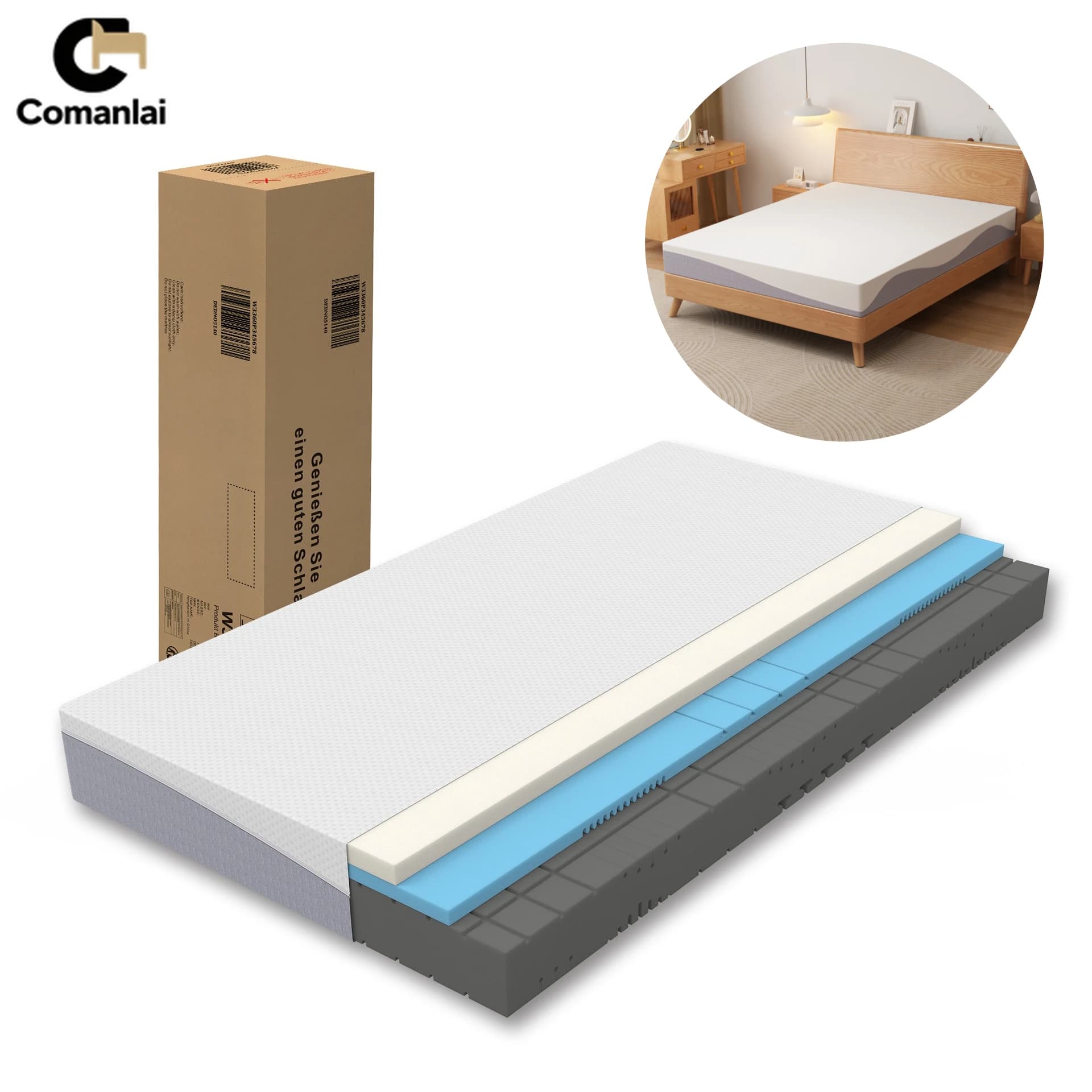 Comanlai Matelas en mousse réversible H3/H4 Fermeté au niveau Certifié Oeko-Tex 20 cm de hauteur Housse en tissu tricoté Amovible Blanc Gris