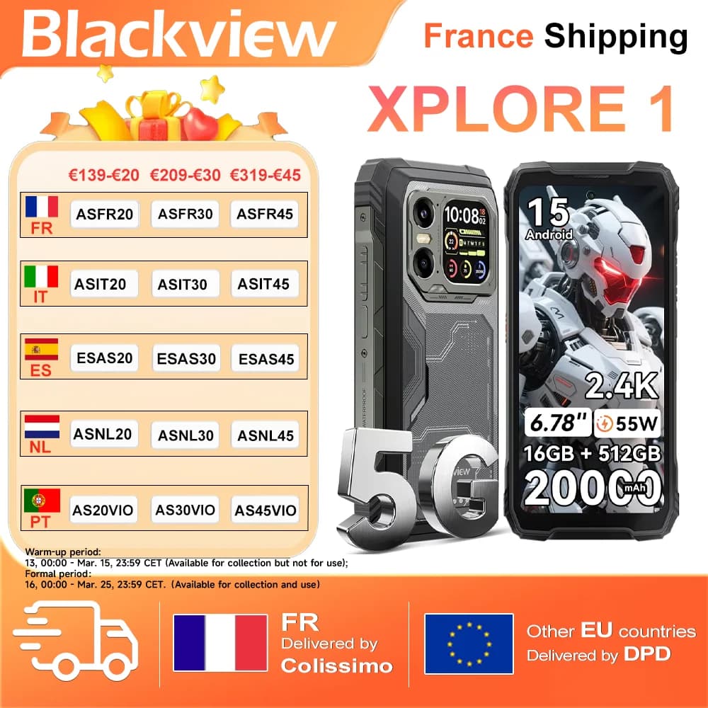 Blackview XPLORE 1 [pas de chargeur UE] Smartphone robuste 5G 16GB + 512GB /12GB + 256GB Android15 20000mAh 55W 6.78 ''2.4K téléphone portable